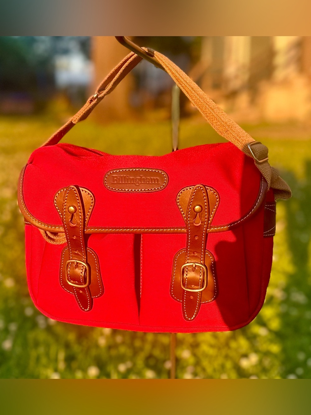 Billingham Red/Brown Canvas Camera Shoulder Bag w/ Strap Compartments 62492